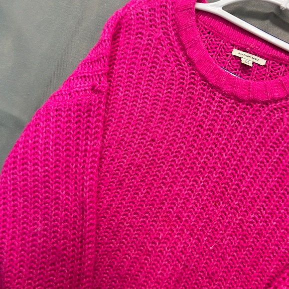 Women’s American Eagle Crop Chunky Knit Sweater Hot Pink Crochet Small - Picture 2 of 8